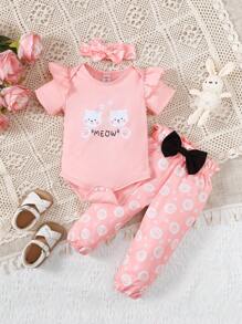 Conjunto De Ropa Linda Para Bebé Niña Con Estampado De Gato Caricatura - Multicolor - Ver 1
