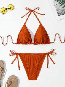 Women Solid Halter Neck Bikini Set, Summer Beach Bathing Suit - Orange - View 1