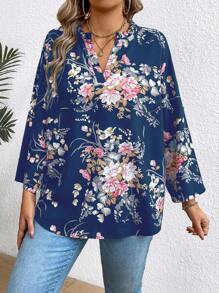 EMERY ROSE Women's Navy Blue Notch V-Neck Floral Printed Blouse Fall Cloth For Women - Blue - View 3