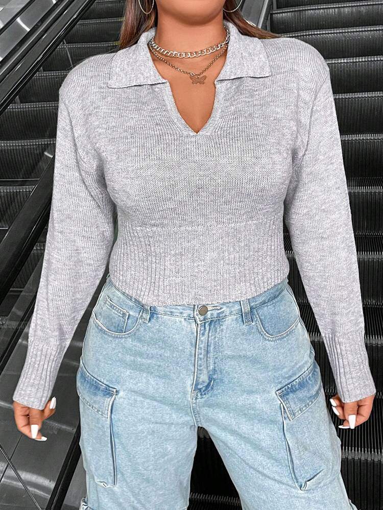 Plus Size Simple Basic V-Neck Long Sleeve Sweater Knit Pullover Fall Winter