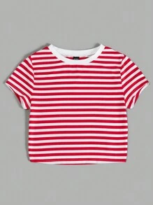 Muchica Striped Round Neck T-Shirt - Red and White - View 3