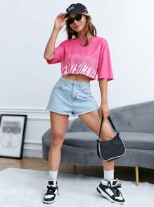 SHEIN EZwear Ladies' Stylish Pink Drop Shoulder T-Shirt With Letter Print - Hot Pink - View 3