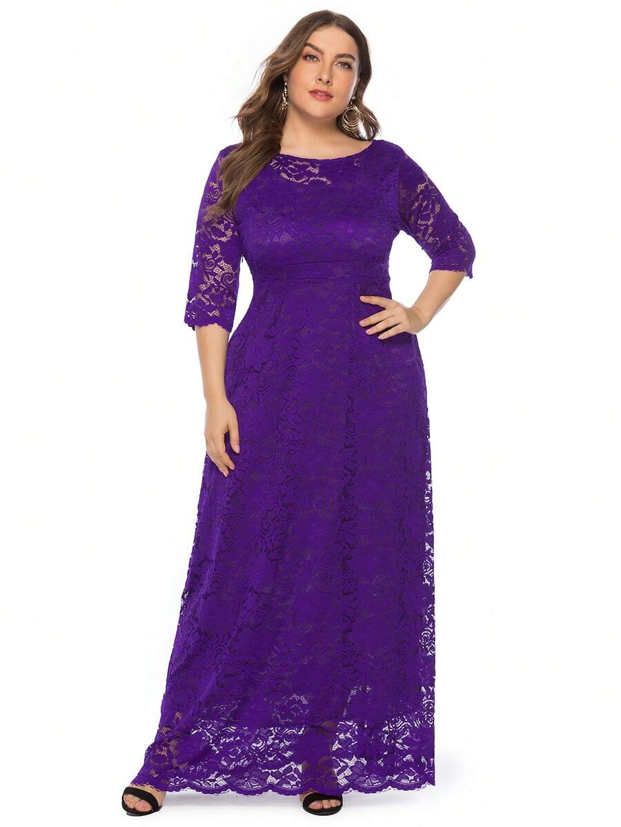 女士加大碼蕾絲伴娘禮服,斜口袋設計 - 紫色 - 查看 1