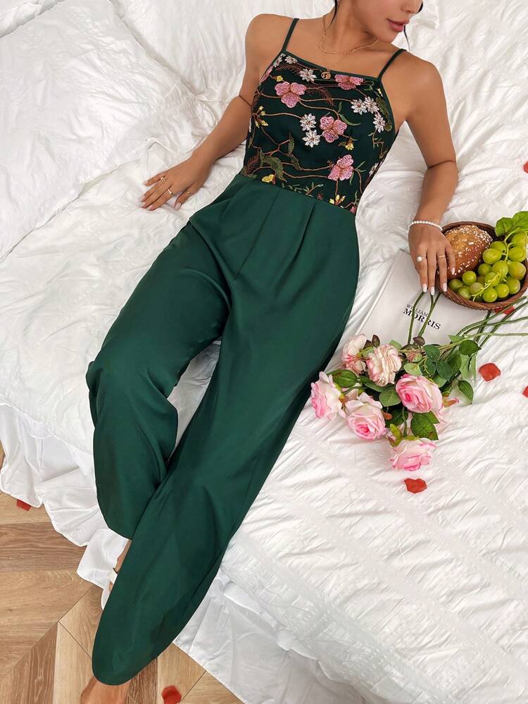 Women's Floral Embroidery Patchwork Spaghetti Strap Jumpsuit