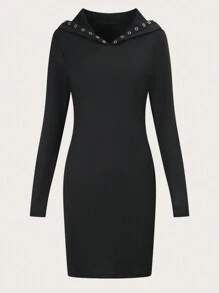 SHEIN Clasi 女士時尚純色長袖連帽連身裙 - 黑色 - 查看 6