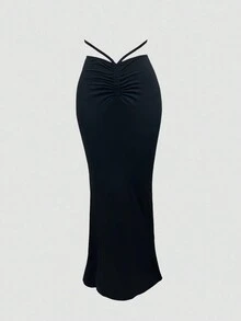 女士哥特復古性感帶繩子美人魚裙 - 黑色 - 查看 3