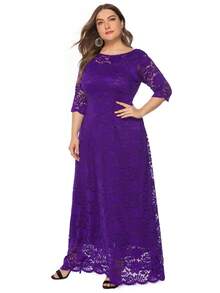 女士加大碼蕾絲伴娘禮服,斜口袋設計 - 紫色 - 查看 4