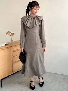 FRIFUL 女式格子荷叶边收腰连衣裙，秋装 - 咖啡棕 - 查看 5