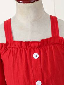 SHEIN Young Girl'S Hollow Out Shoulder Button-Front Top And Skirt Two Piece Set For Spring And Summer - Red - View 4