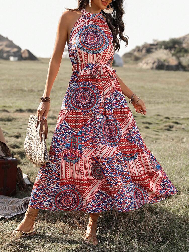 Printed Asymmetrical Cut Cinching Waist Sleeveless Women'S Dress