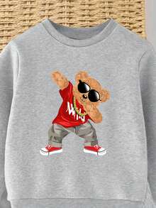 SHEIN 2 件套年轻男孩新款时尚卡通印花圆领长袖运动衫和裤子休闲运动装秋冬季 - 灰色 - 查看 6