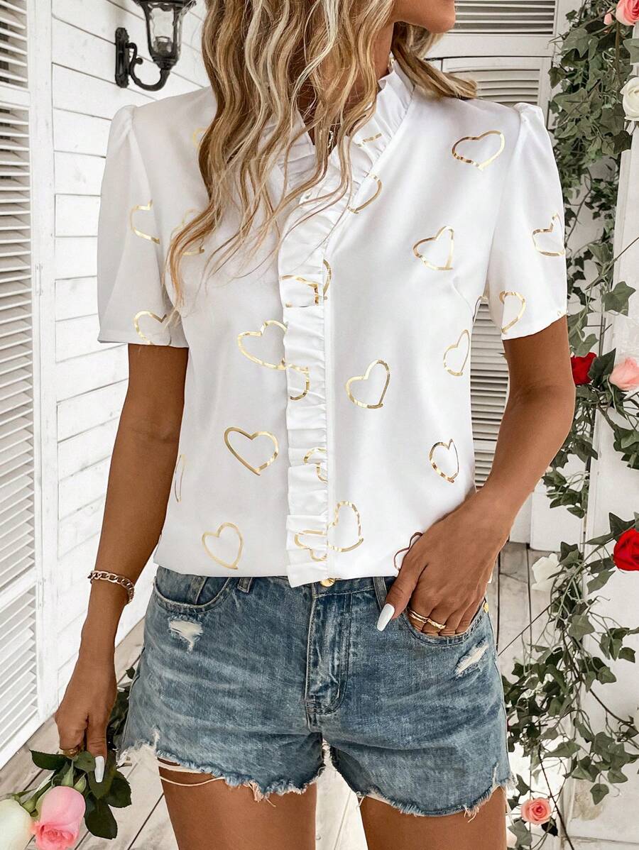 SHEIN LUNE Women's Heart Pattern Printed Ruffle Trim Blouse - White - View 1