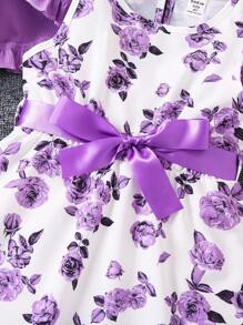 SHEIN Conjunto de dos piezas para niñas jóvenes, con vestido morado con estampado floral y volante en el bajo, y una chaqueta de punto acanalado - Morado - Ver 5