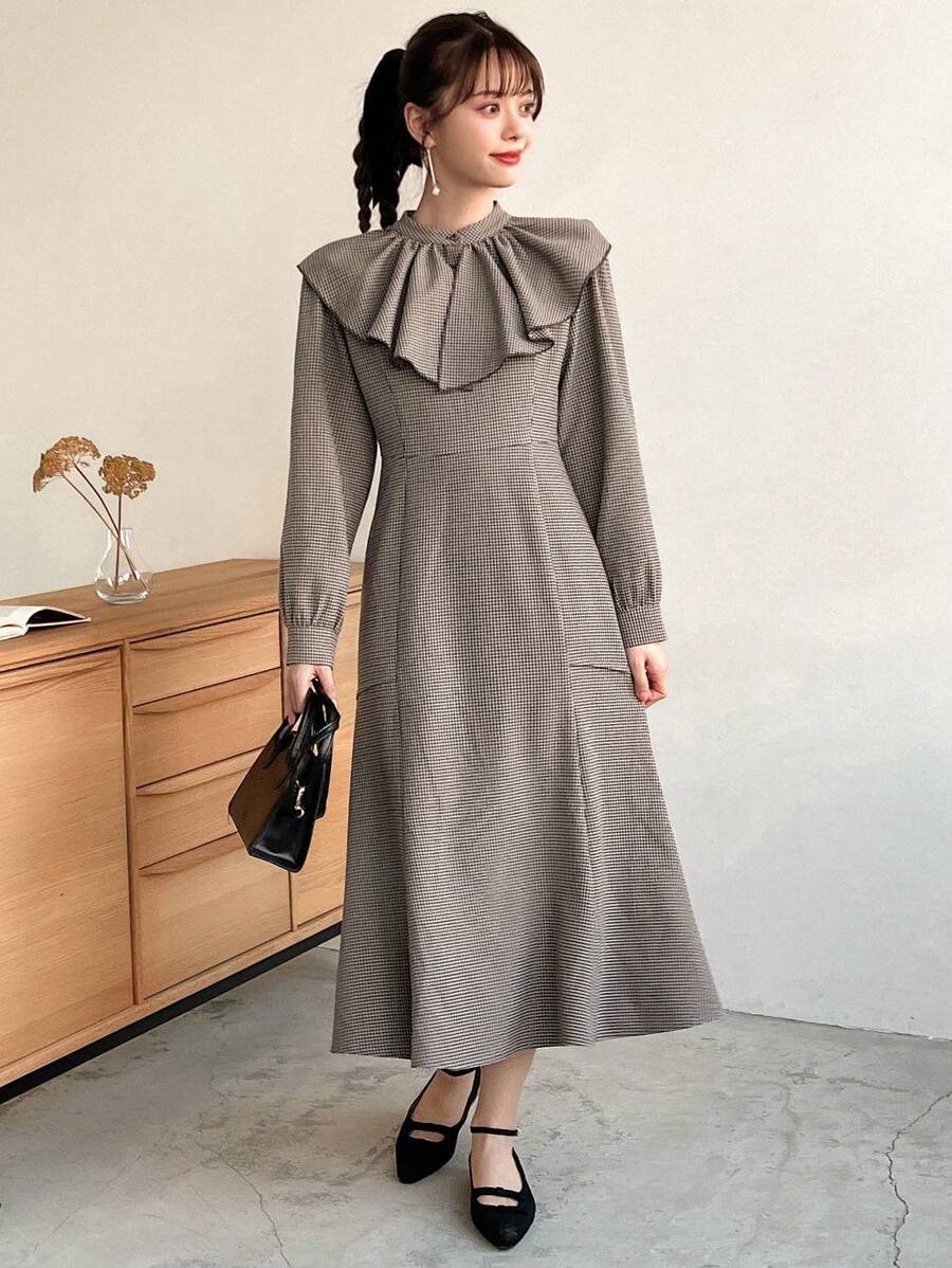 FRIFUL Women'S Plaid Ruffled Cinching Waist Dress,Fall Clothes - Coffee Brown - View 1