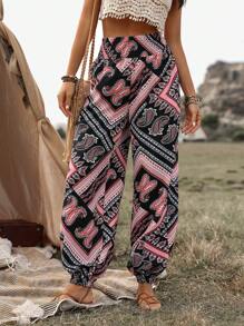 Breezaya Women's Resort Printed Shirred Waist Pants Fall Cloth For Women - Multicolor - View 1