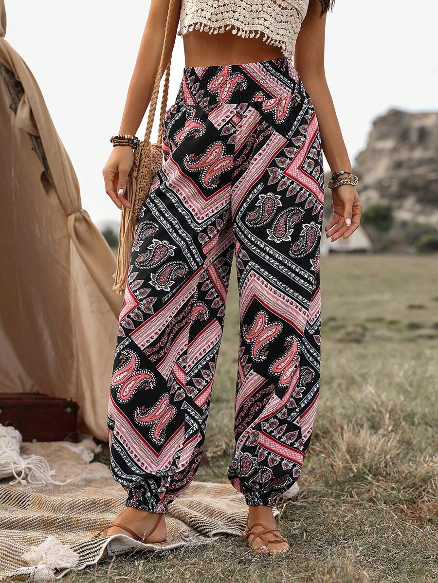 Breezaya Women's Resort Printed Shirred Waist Pants Fall Cloth For Women - Multicolor - View 1