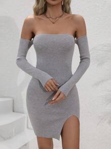SHEIN Unity Của phụ nữ Off Shoulder Viền chia cắt Đầm - Xám - View 4