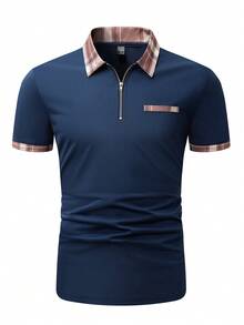 Manfinity Homme Camisa Polo De Hombre De Parche De Tela A Cuadros - Azul - Ver 4