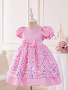 Vestido De Princesa Rosa Con Lazo De Brillo Y Manga Bombacha Para Niñas Jóvenes, Ideal Para Fiesta De Cumpleaños, Boda Y Espectáculo De Vacaciones - Rosa - Ver 1