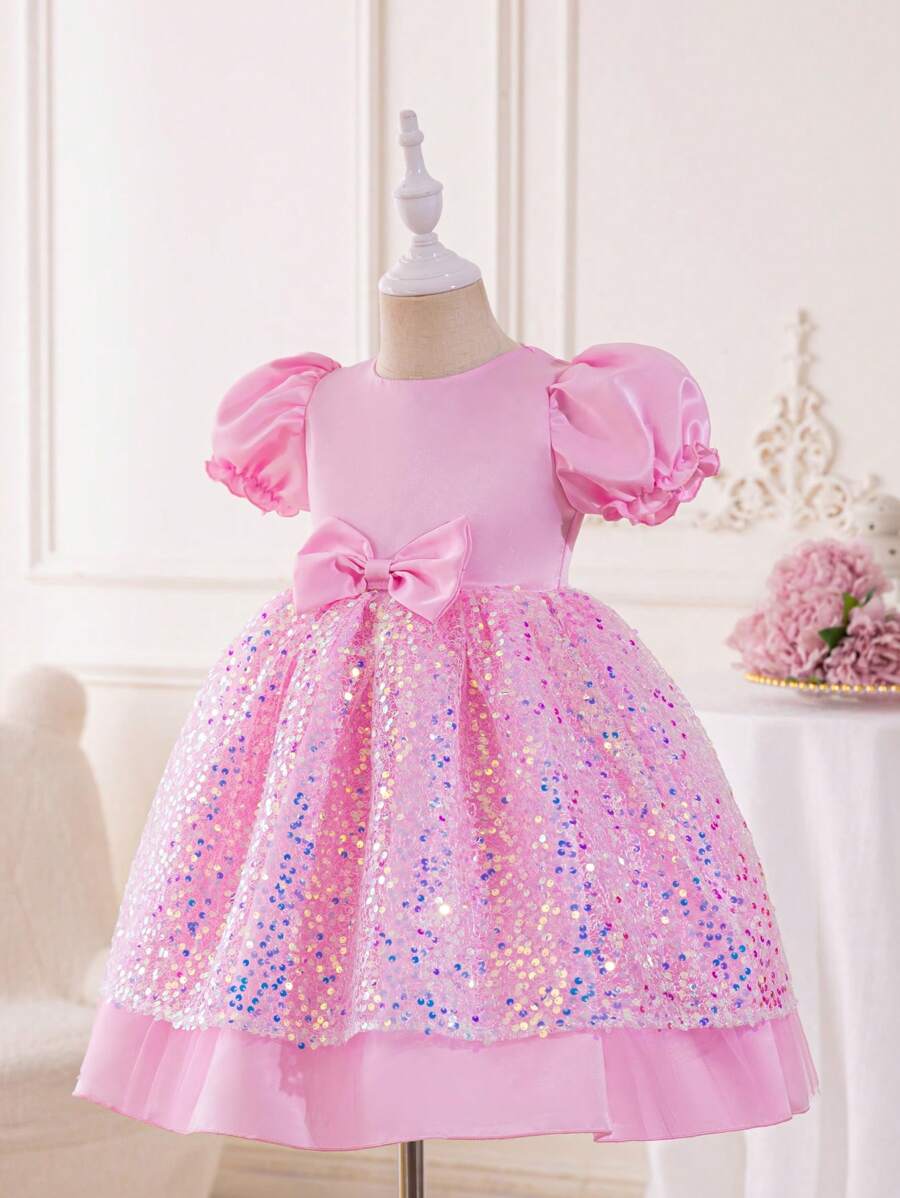Vestido De Princesa Rosa Con Lazo De Brillo Y Manga Bombacha Para Niñas Jóvenes, Ideal Para Fiesta De Cumpleaños, Boda Y Espectáculo De Vacaciones - Rosa - Ver 1