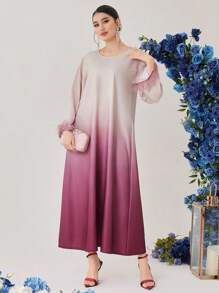 Al Najma 女士漸變袖口＆毛茸茸的阿拉伯風格拼接裙 - 珊瑚粉 - 查看 6