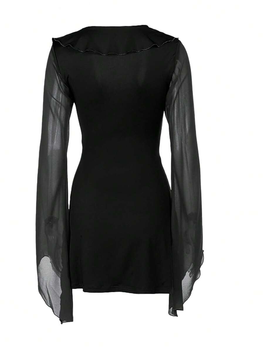 長袖荷葉邊裙擺包身裙 - 黑色 - 查看 1