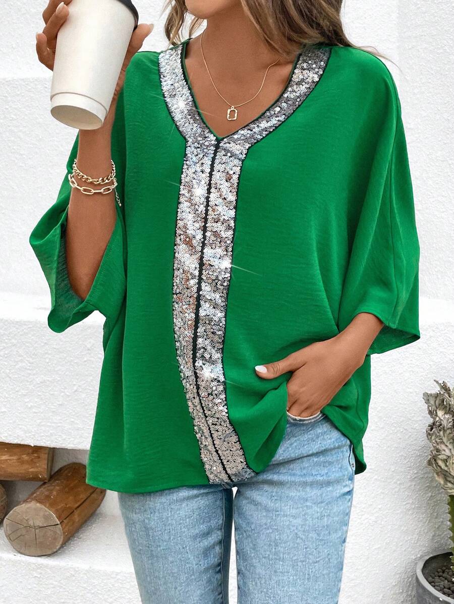 SHEIN Clasi Plain Textured Glitter 3/4 Sleeve Shirt - Green - View 1