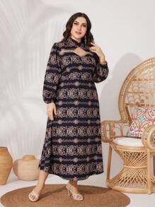 Modelyn Vestido De Manga Larga Con Estampado Al Azar En Talla Grande - Negro - Ver 5