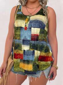 SHEIN LUNE Plus Patchwork Print Half Button Tank Top, Women Summer Top - Multicolor - View 4