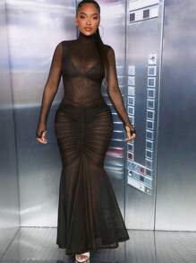 Hauture Ruched Mesh Mermaid Hem Bodycon Dress - Black - View 6