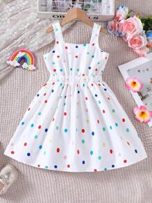 SHEIN 小女孩可爱彩色波尔卡圆点和彩虹印花休闲连衣裙小女孩彩虹裙宝宝彩虹裙 - 彩色 - 查看 2