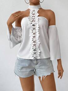 Chiquease Solid Color Lace Patchwork Open Shoulder Halter Neck Shirt - White - View 1