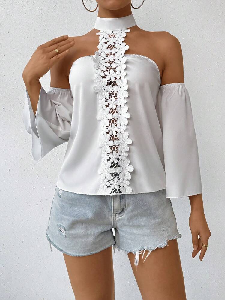 Solid Color Lace Patchwork Open Shoulder Halter Neck Shirt