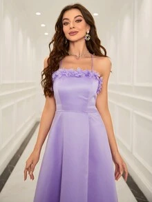 Backless Evening Cami Dress With 3d Floral - Mauve Purple - View 6