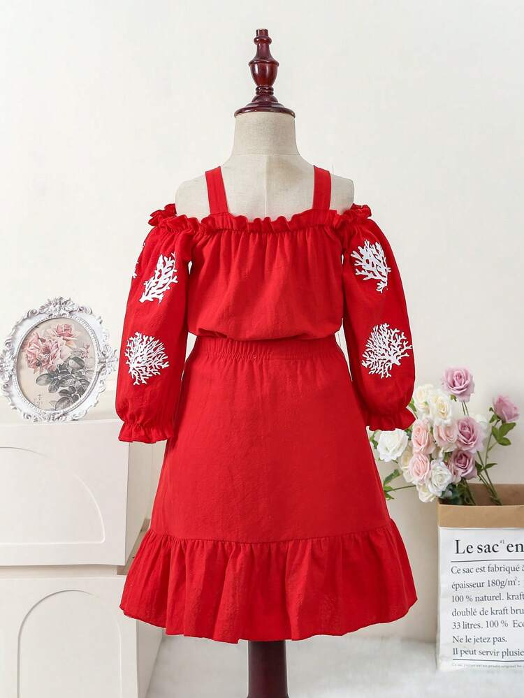 Young Girl'S Hollow Out Shoulder Button-Front Top And Skirt Two Piece Set For Spring And Summer