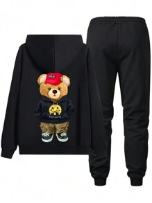 Nuevo conjunto de dos piezas para hombres para primavera y otoño con diseño de oso impreso, conjunto informal y para exteriores con cintura elástica y con cordón, pantalones con bolsillos, ideal para camping y viajes