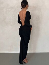 Sukienka damska w jednolitym kolorze z odkrytymi plecami i marszczeniami, dopasowana, z długim rękawem, seksowna i elegancka, na imprezę, wakacje, wiosnę i Walentynki