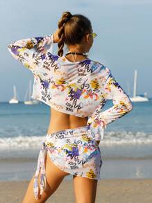 Teen Girl Letter Printed Bikini Set Summer Beach - Multicolor - View 2