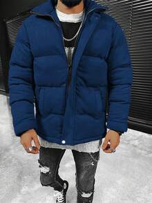 Loose Fit Men's Solid Color Stitching Casual Fashion Padded Coat - Blue - View 5