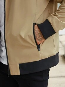 Manfinity Homme 男士加大撞色领拉链户外风衣夹克 - 卡其色 - 查看 7