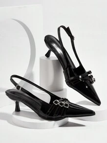 Sexy Black Patent Leather Pointed Toe High Heels With Thin Heel And Metal Buckle For Wedding & Party