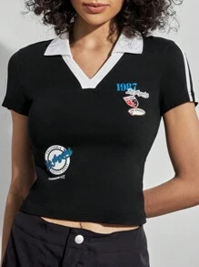 Forever 21 Camiseta Corta Con Cuello En V De Estilo Vintage Americano Con Estampado De Letras Y Bloques De Color Para Mujeres - Blanco y Negro - Ver 1