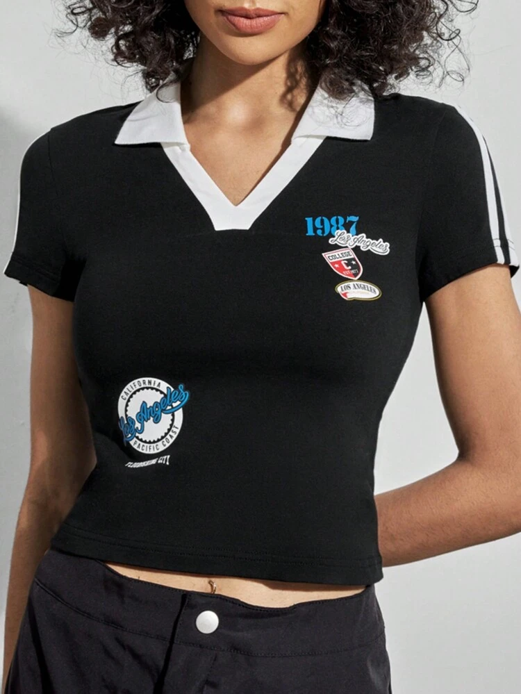 Vintage American Style Letter Print Color Block V-Neck Short Sleeve T-Shirt For Women