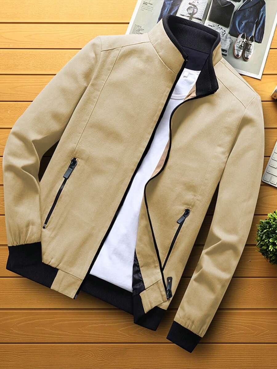 Manfinity Homme 男士加大撞色领拉链户外风衣夹克 - 卡其色 - 查看 1