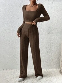 EURMUSE Ladies' Long Sleeve Crop Top And Pants Set - Brown - View 5