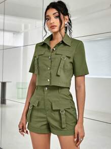 Y2K Street 2Pcs Flap Pocket With Strap Button Fly Lapel T-Shirt Top & Elastic Waist Short Daily Casual Cargo Set - Dark Green - View 1