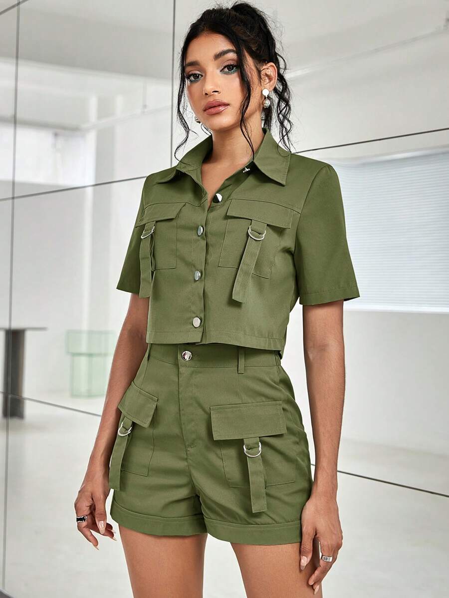 Y2K Street 2Pcs Flap Pocket With Strap Button Fly Lapel T-Shirt Top & Elastic Waist Short Daily Casual Cargo Set - Dark Green - View 1