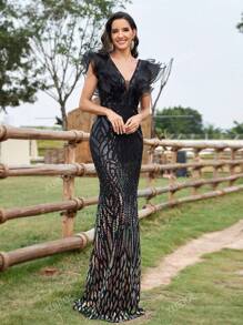 XUIBOL Women's V-Neck Sequin Backless Mermaid Formal Evening Gown Black Elegant Prom Wedding Guest Dress, For Graduation, Dinner