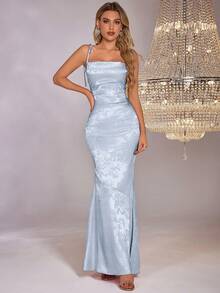 PARTHEA Women's Backless Criss-Cross Strap Jacquard Satin Maxi Dress - Blue - View 3