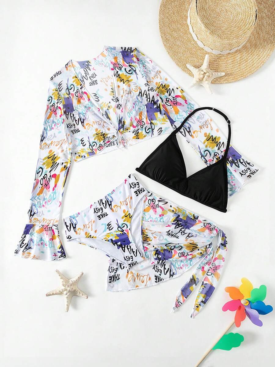 Teen Girl Letter Printed Bikini Set Summer Beach - Multicolor - View 1